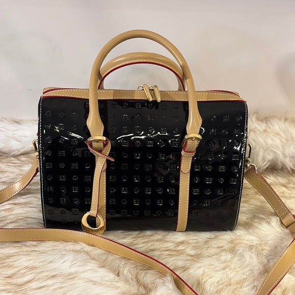 Arcadia Women's Patent Black Leather Satchel Crossbody Bag - Black and Gold - Picture 8 of 15